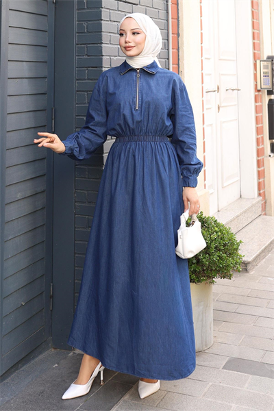 Fermuarlı Beli Lastikli Kot Elbise Koyu Kot MSV19240