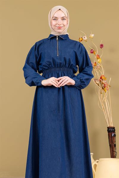 Fermuarlı Beli Lastikli Kot Elbise Koyu Mavi MSW19240-2