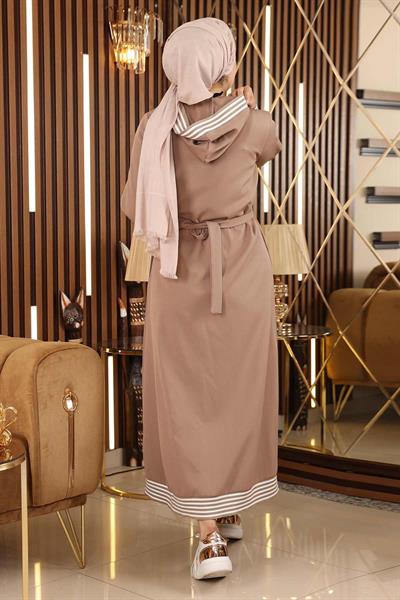 Fermuarlı Kapşonlu Ferace Vizon 19126