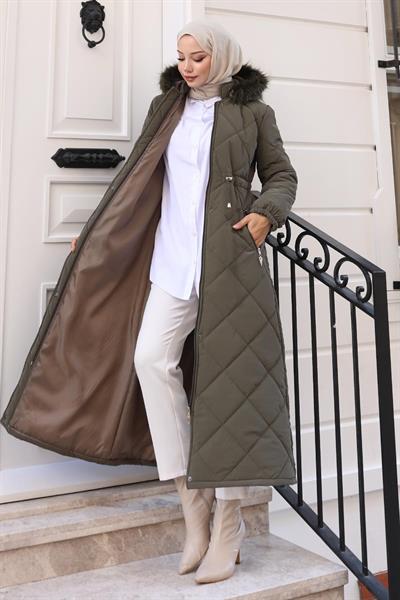 Fermuarlı Kapşonlu Kapitone Mont Haki 19277