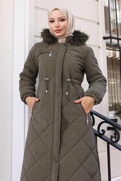 Fermuarlı Kapşonlu Kapitone Mont Haki 19277