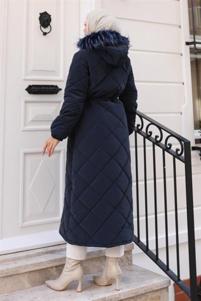 Fermuarlı Kapşonlu Kapitone Mont Lacivert 19277