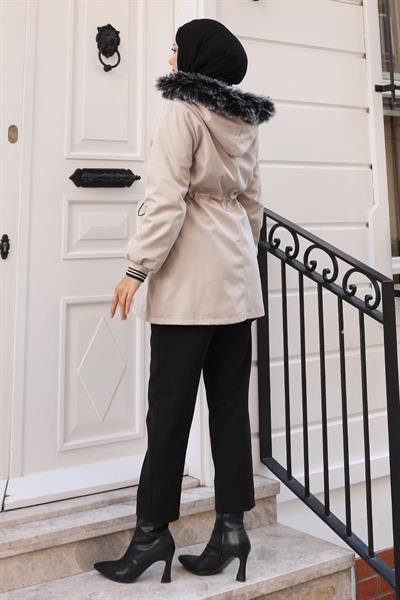 Fermuarlı Kapşonlu Mont Bej 19270