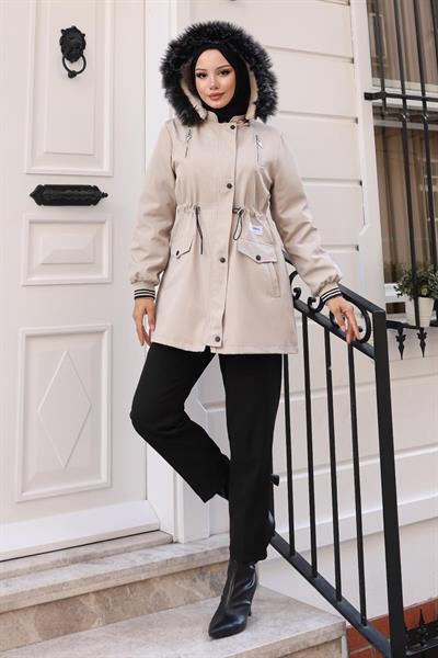 Fermuarlı Kapşonlu Mont Bej 19270