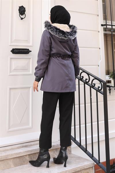 Fermuarlı Kapşonlu Mont Gri 19270