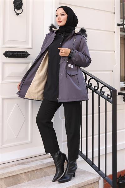 Fermuarlı Kapşonlu Mont Gri 19270