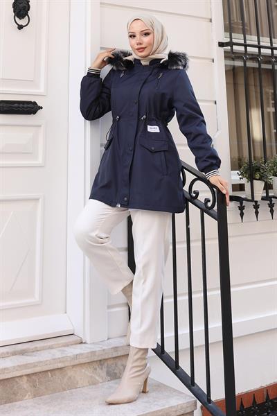 Fermuarlı Kapşonlu Mont Lacivert 19270