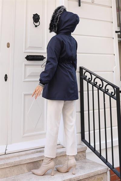 Fermuarlı Kapşonlu Mont Lacivert 19270