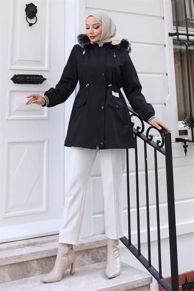 Fermuarlı Kapşonlu Mont Siyah 19270