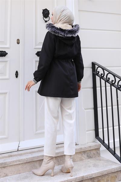 Fermuarlı Kapşonlu Mont Siyah 19270