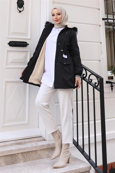 Fermuarlı Kapşonlu Mont Siyah 19270