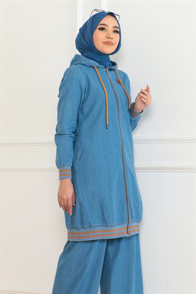Fermuarlı Ribanalı Kot Takım Açık Mavi 19363