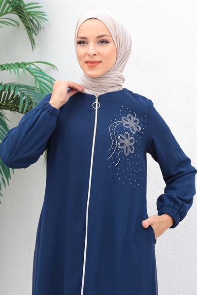 Fermuarlı Şifon Abiye Ferace İndigo 17300