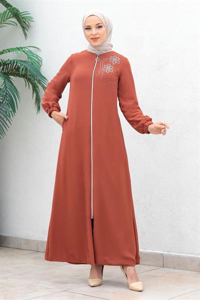 Fermuarlı Şifon Abiye Ferace Somon 17300