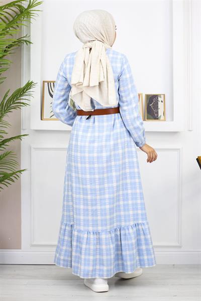 Fırfırlı Tesettür Elbise Mavi 19165