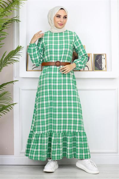 Fırfırlı Tesettür Elbise Yeşil 19165