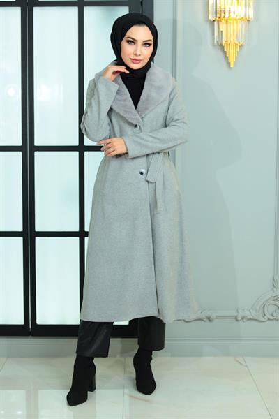 Geniş Kürk Yakalı Kaşe Kaban Gri 19174