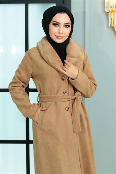 Geniş Kürk Yakalı Kaşe Kaban Vizon 19174