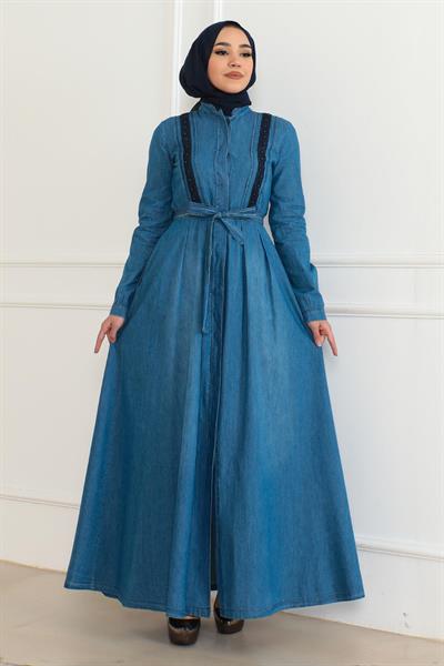 Gizli Düğmeli Kot Elbise Açık Mavi 6142