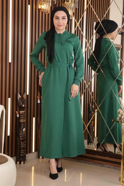 Gizli Düğmeli Ribanalı Ferace Zümrüt 18901