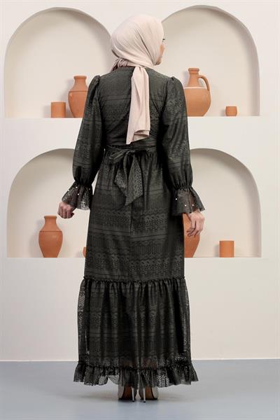 İnci Detaylı Dantel Abiye Haki 12239