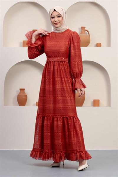 İnci Detaylı Dantel Abiye Kiremit 12239