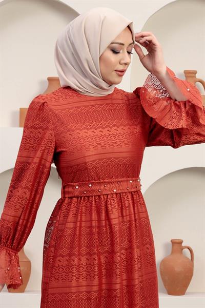 İnci Detaylı Dantel Abiye Kiremit 12239