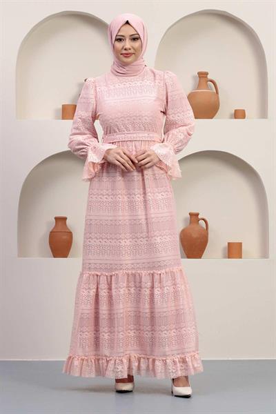 İnci Detaylı Dantel Abiye Pudra 12239