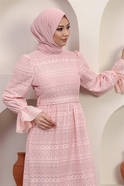 İnci Detaylı Dantel Abiye Pudra 12239