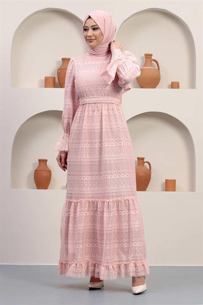 İnci Detaylı Dantel Abiye Pudra 12239