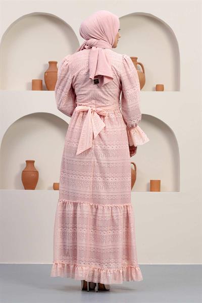 İnci Detaylı Dantel Abiye Pudra 12239