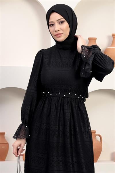 İnci Detaylı Dantel Abiye Siyah 12239