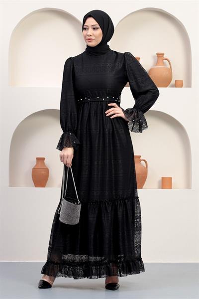 İnci Detaylı Dantel Abiye Siyah 12239