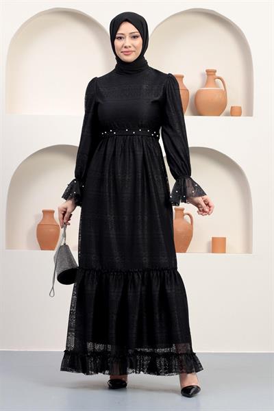 İnci Detaylı Dantel Abiye Siyah 12239