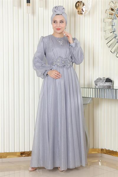 İnci Detaylı Drapeli Simli Abiye Gri 19189