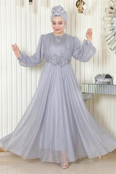 İnci Detaylı Drapeli Simli Abiye Gri 19189