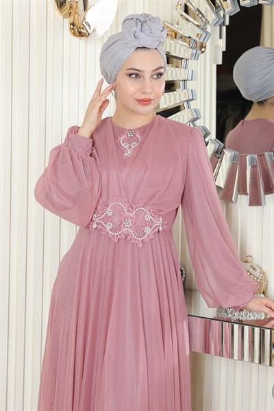 İnci Detaylı Drapeli Simli Abiye Gül Kurusu 19189