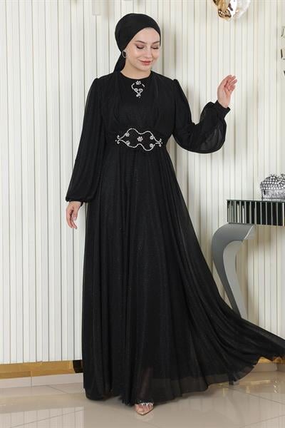 İnci Detaylı Drapeli Simli Abiye Siyah 19189