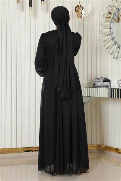 İnci Detaylı Drapeli Simli Abiye Siyah 19189