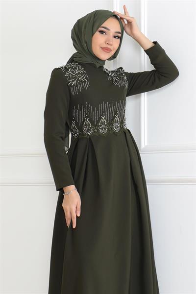 İnci Detaylı Elbise Haki 6121