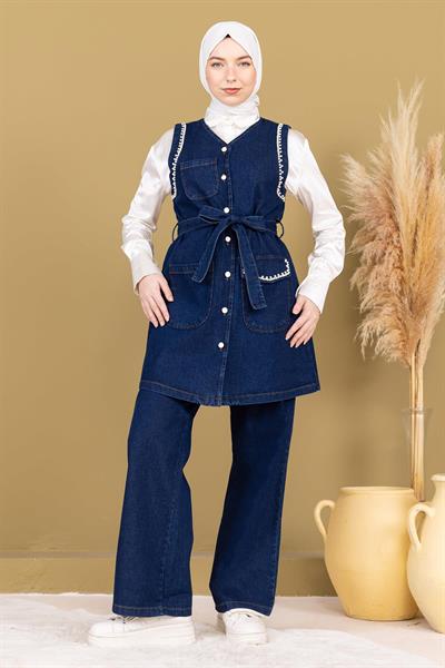İnci Detaylı İkili Kot Takım Koyu Mavi 19245