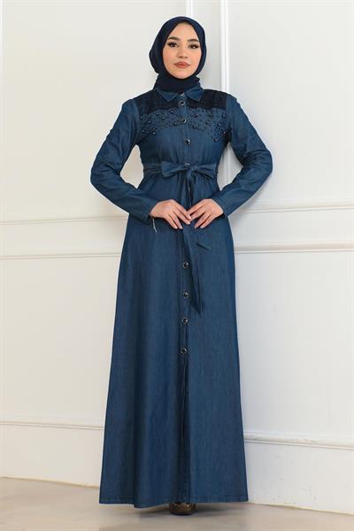 İnci Detaylı Kot Elbise Koyu Mavi 6138