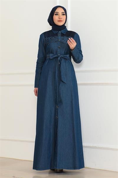 İnci Detaylı Kot Elbise Koyu Mavi 6138