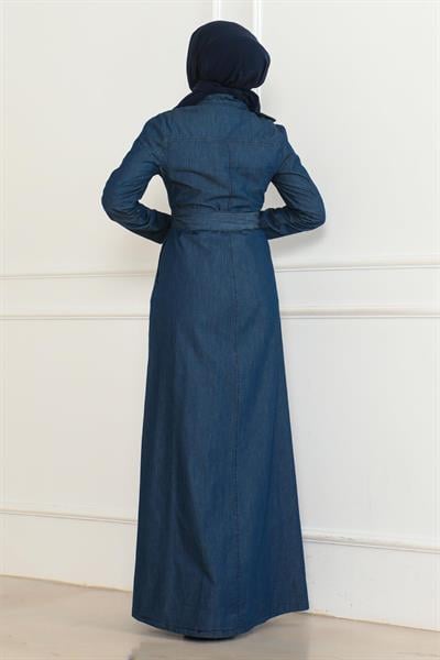 İnci Detaylı Kot Elbise Koyu Mavi 6138