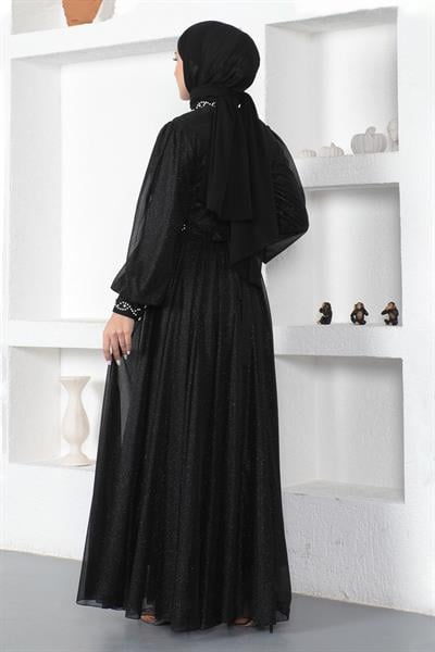 İnci Detaylı Simli Abiye Siyah 19004