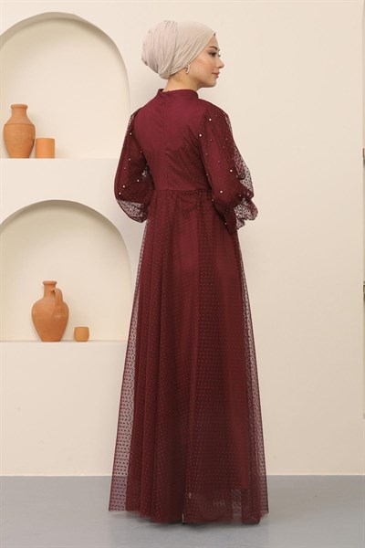 İnci Detaylı Tül Abiye Bordo 12238