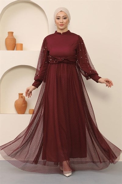 İnci Detaylı Tül Abiye Bordo 12238