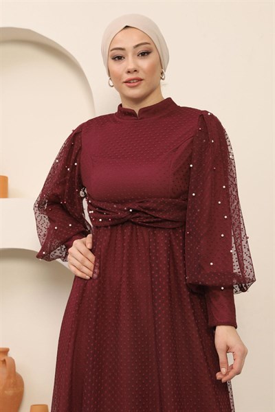 İnci Detaylı Tül Abiye Bordo 12238