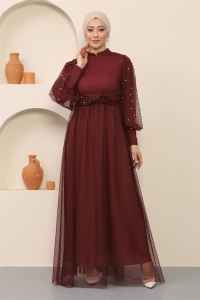 İnci Detaylı Tül Abiye Bordo 12238