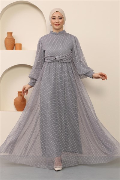 İnci Detaylı Tül Abiye Gri 12238